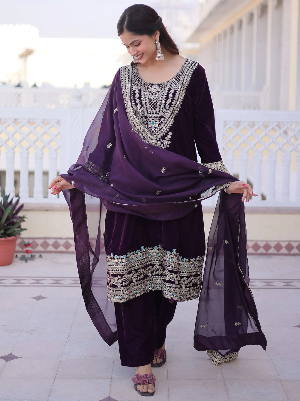 Wine Velvet Embroidered Function Wear Salwar Kameez for Women
