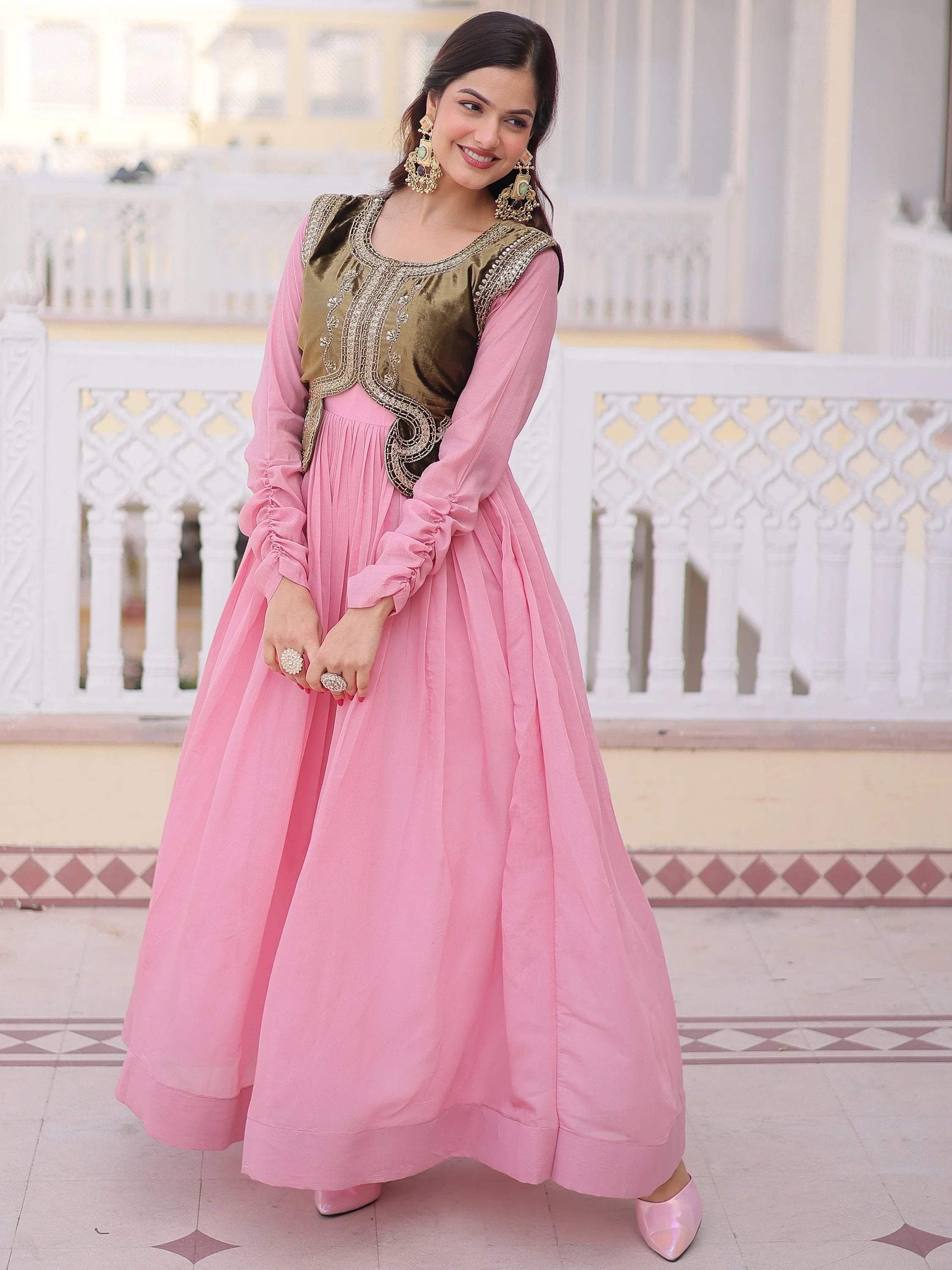 Light Pink Festival Wear Gown With Embroidered Koti