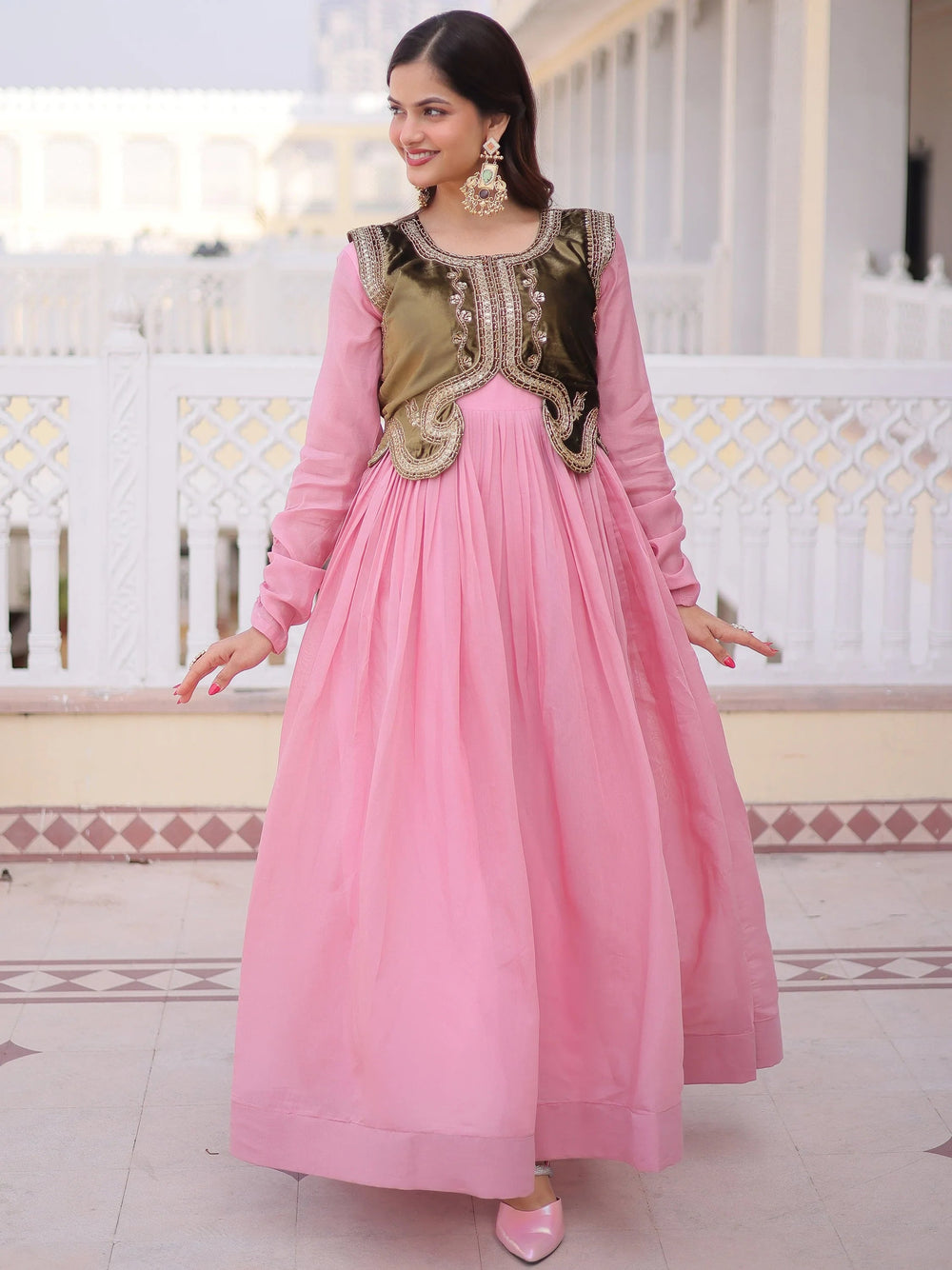 Light Pink Festival Wear Gown With Embroidered Koti