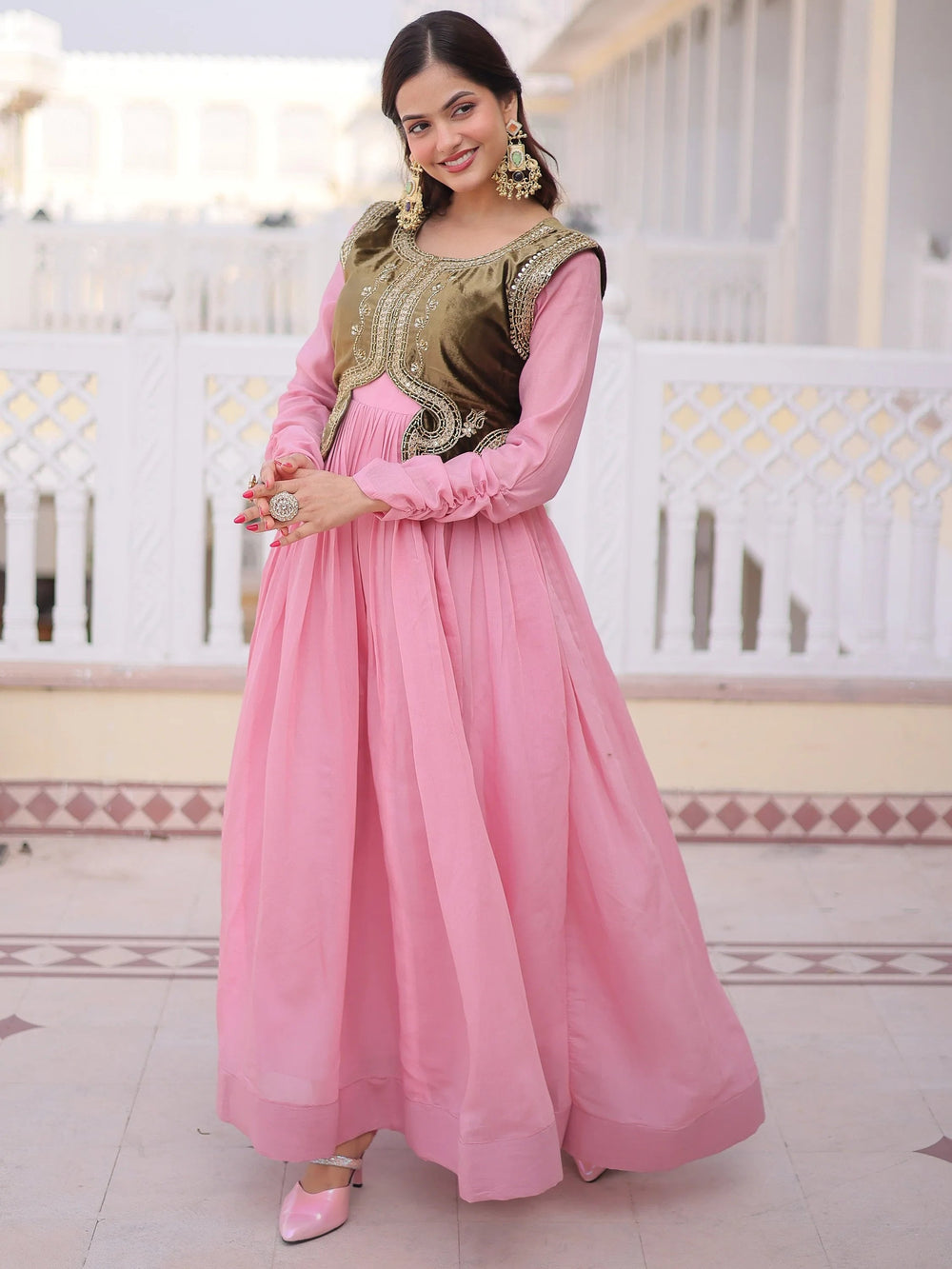 Light Pink Festival Wear Gown With Embroidered Koti