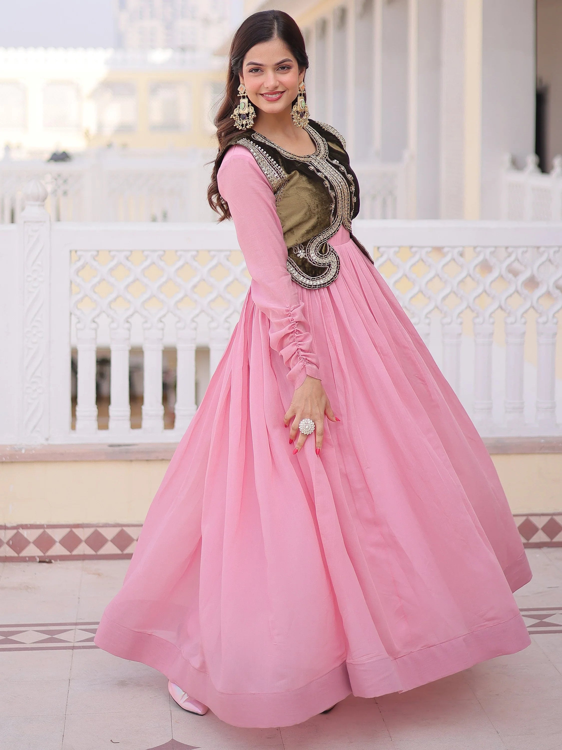 Light Pink Festival Wear Gown With Embroidered Koti