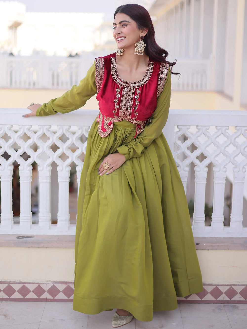 Pista Green Function Wear Gown With Embroidered Koti