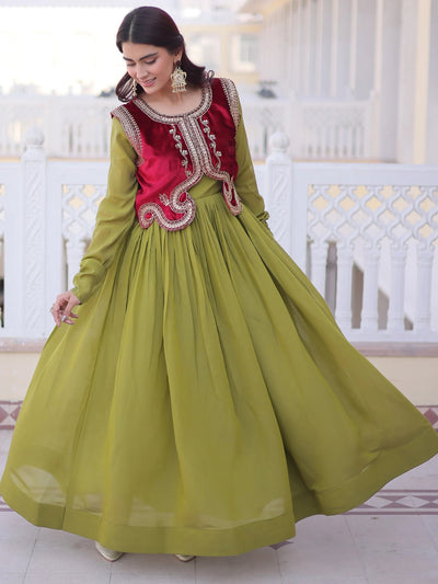 Pista Green Function Wear Gown With Embroidered Koti