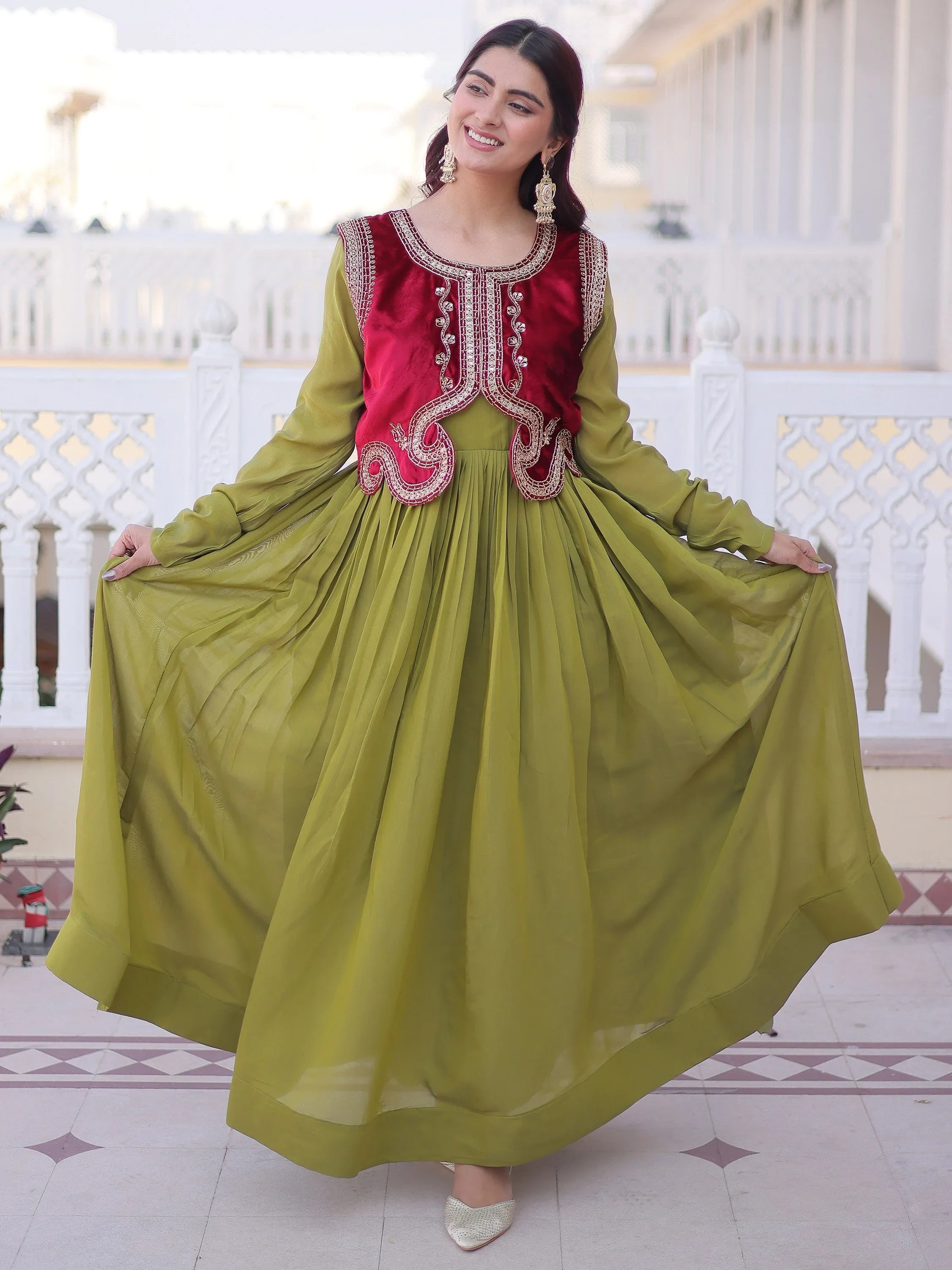 Pista Green Function Wear Gown With Embroidered Koti