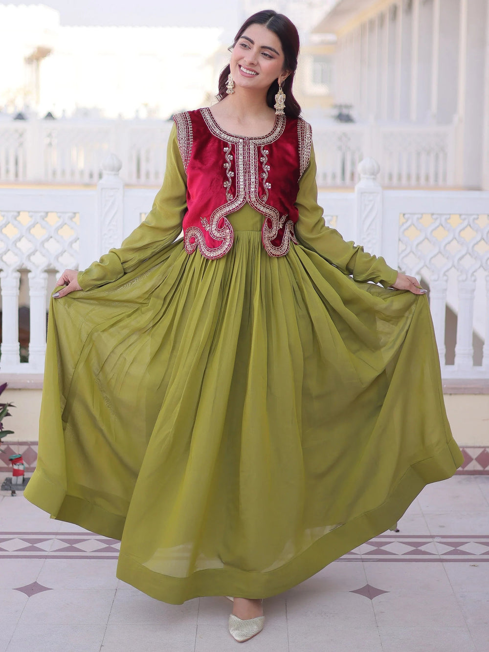 Pista Green Function Wear Gown With Embroidered Koti