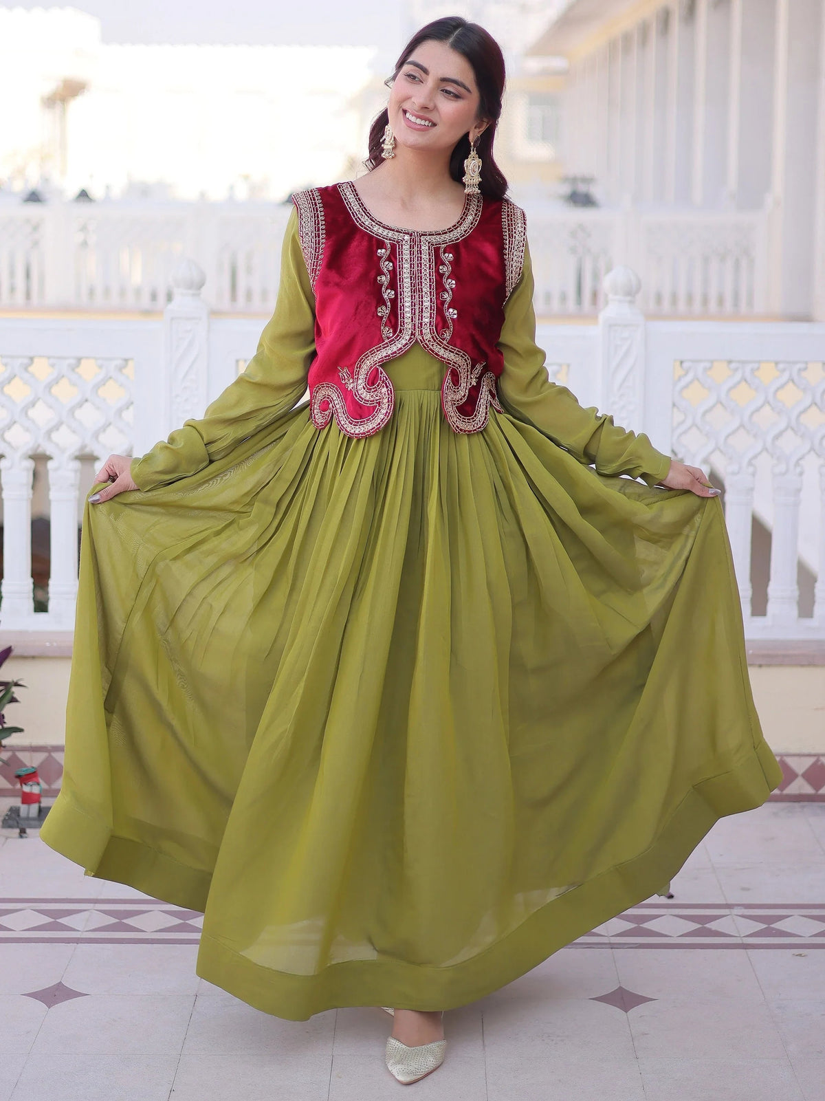 Pista Green Function Wear Gown With Embroidered Koti