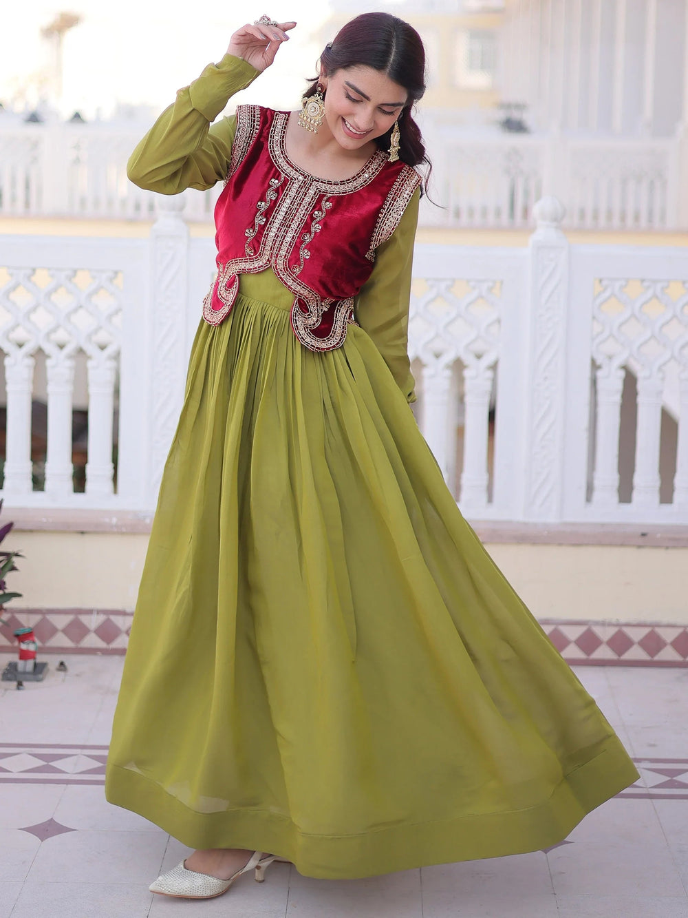 Pista Green Function Wear Gown With Embroidered Koti