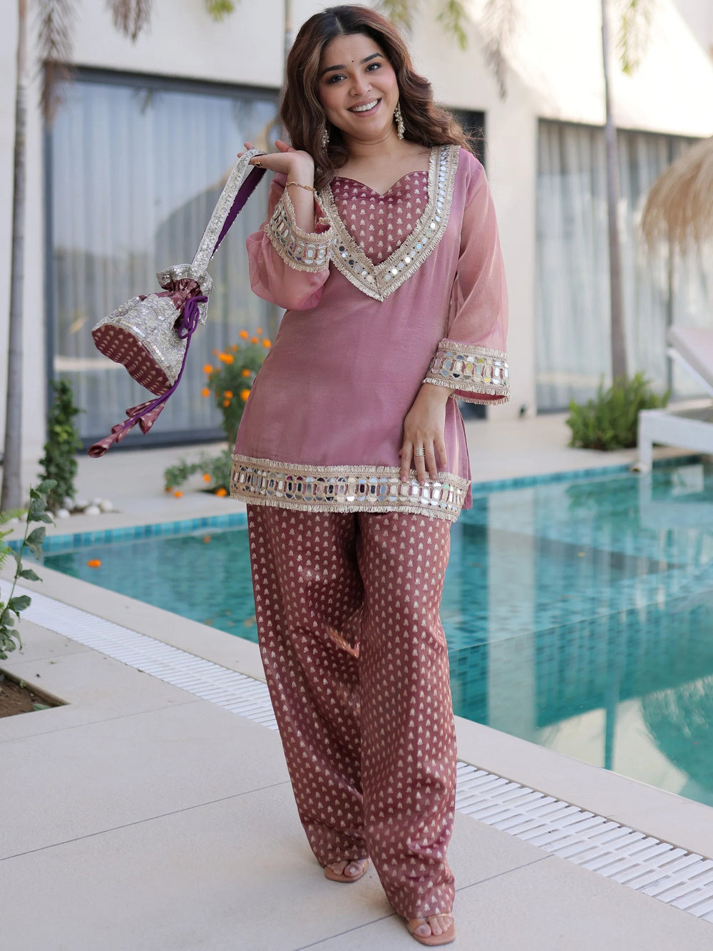Pink Organza Mirror Work Festival Wear Top With Palazzo