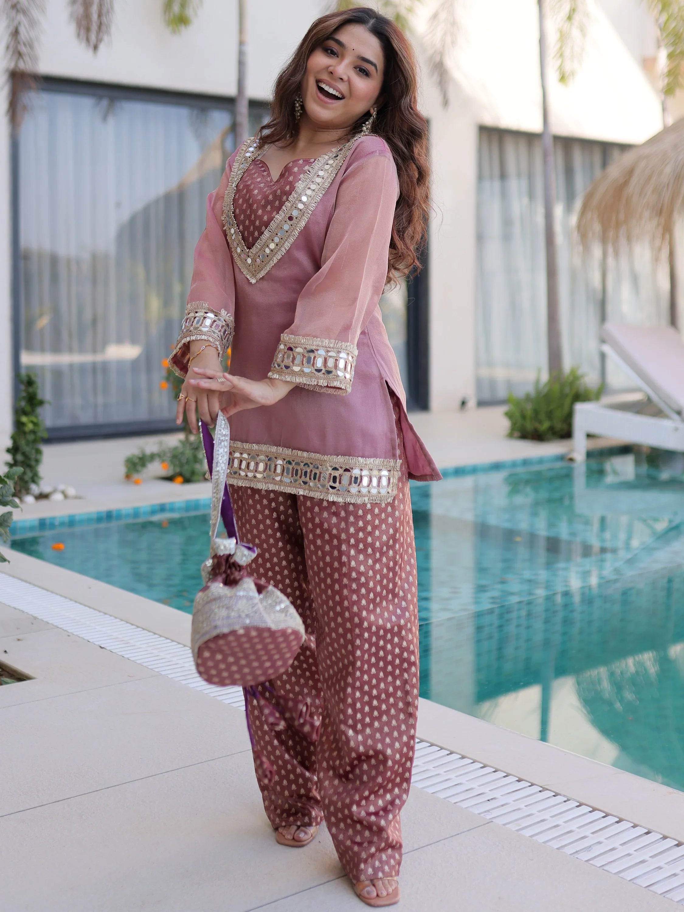 Pink Organza Mirror Work Festival Wear Top With Palazzo