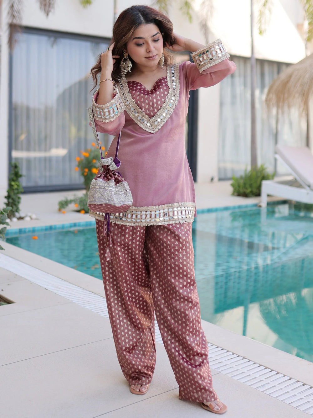 Pink Organza Mirror Work Festival Wear Top With Palazzo