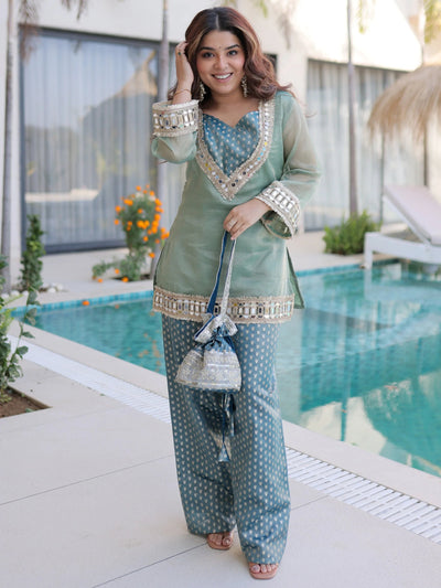 Green Organza Mirror Work Function Wear Top With Palazzo