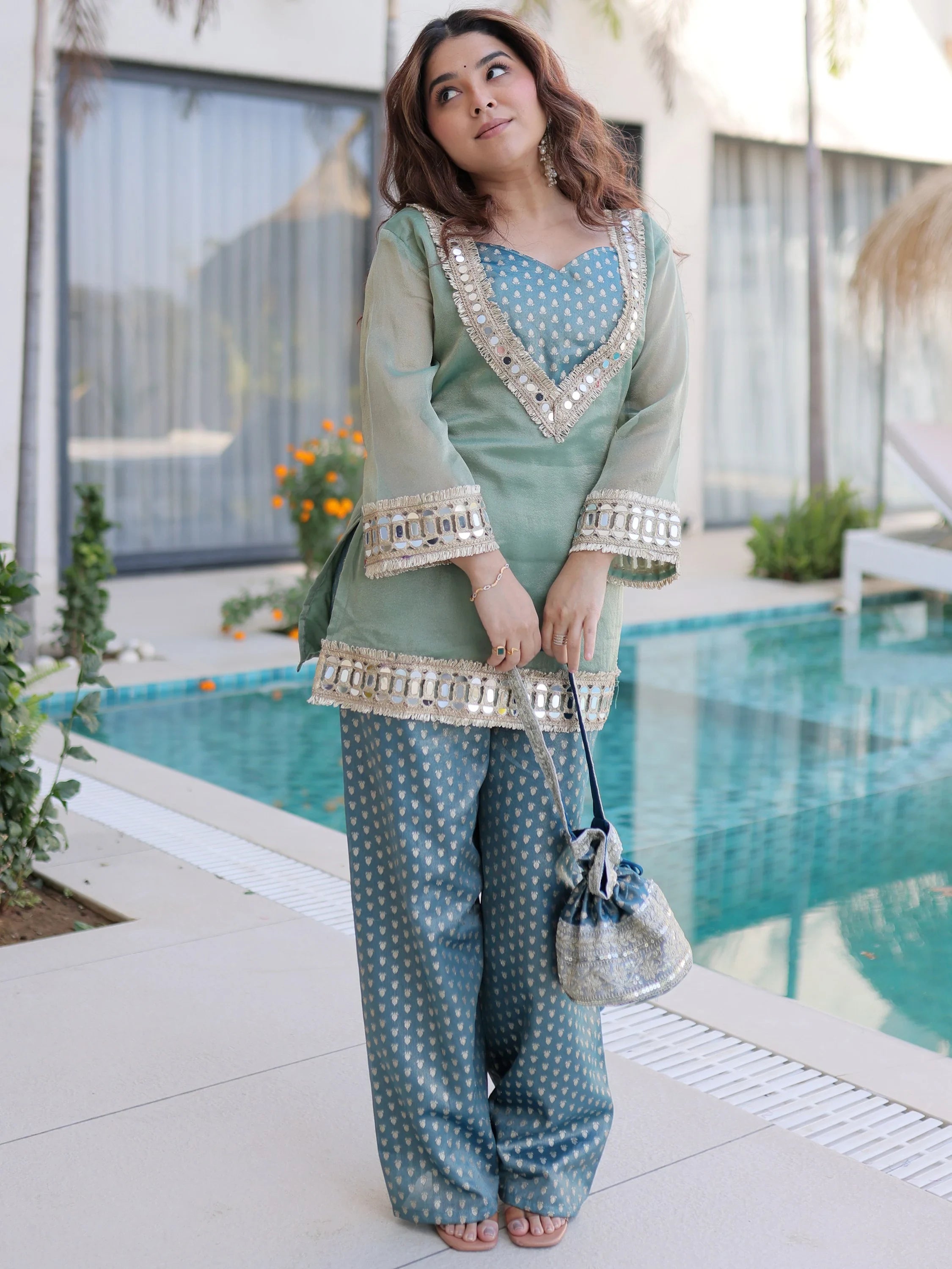 Green Organza Mirror Work Function Wear Top With Palazzo