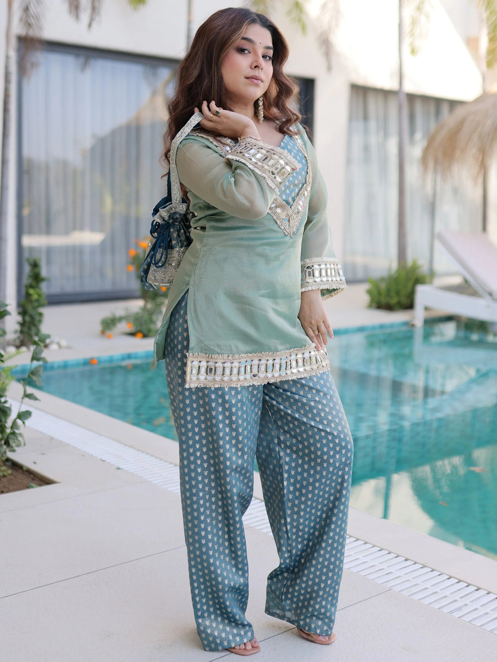 Green Organza Mirror Work Function Wear Top With Palazzo