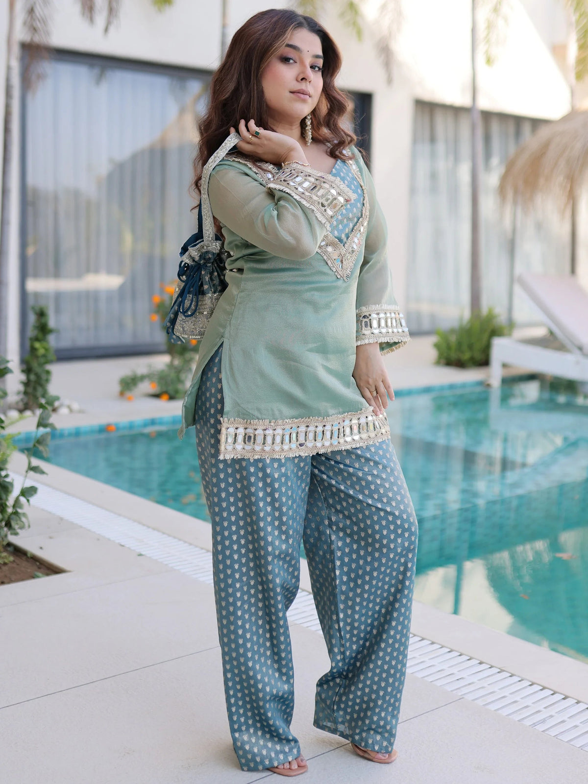 Green Organza Mirror Work Function Wear Top With Palazzo