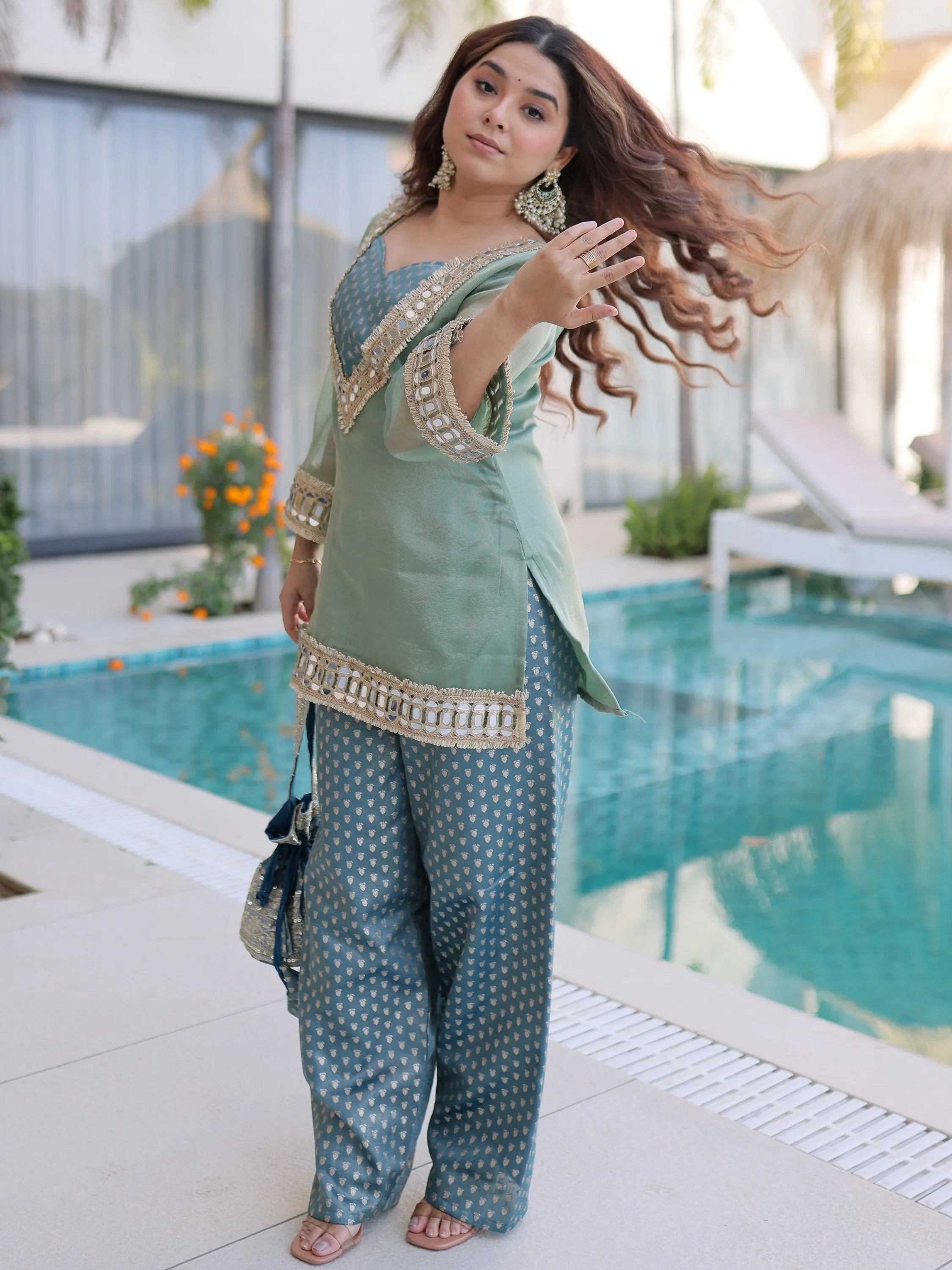 Green Organza Mirror Work Function Wear Top With Palazzo