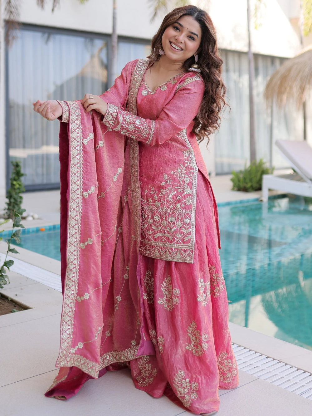 Pink Zari Embroidered Crushed Festive Wear Sharara Suit