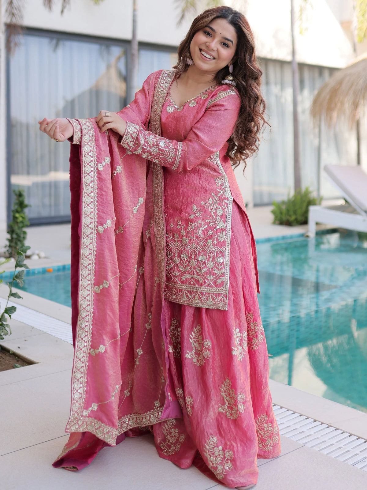 Pink Zari Embroidered Crushed Festive Wear Sharara Suit