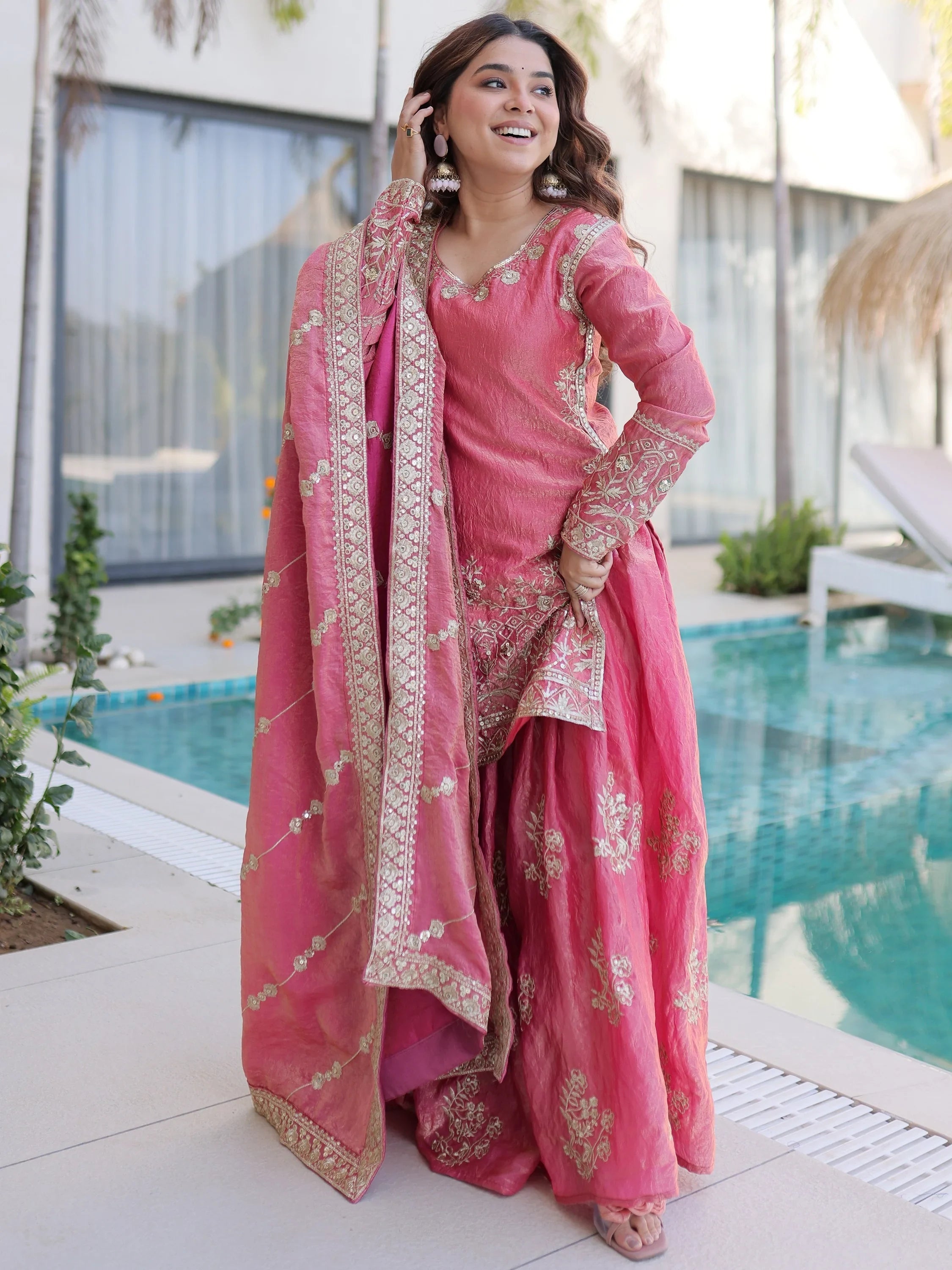 Pink Zari Embroidered Crushed Festive Wear Sharara Suit
