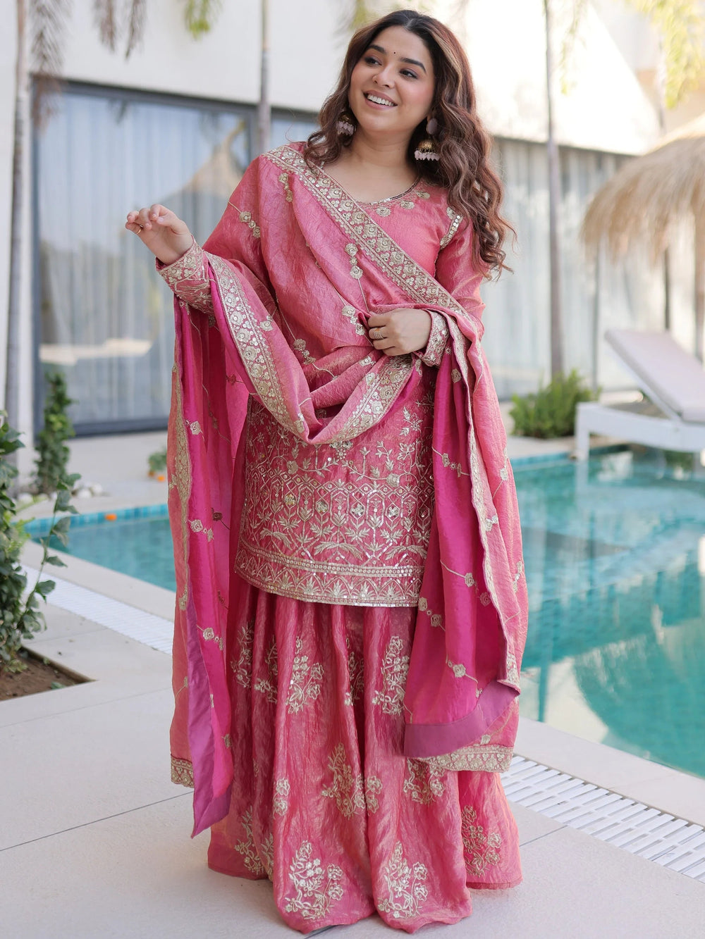 Pink Zari Embroidered Crushed Festive Wear Sharara Suit