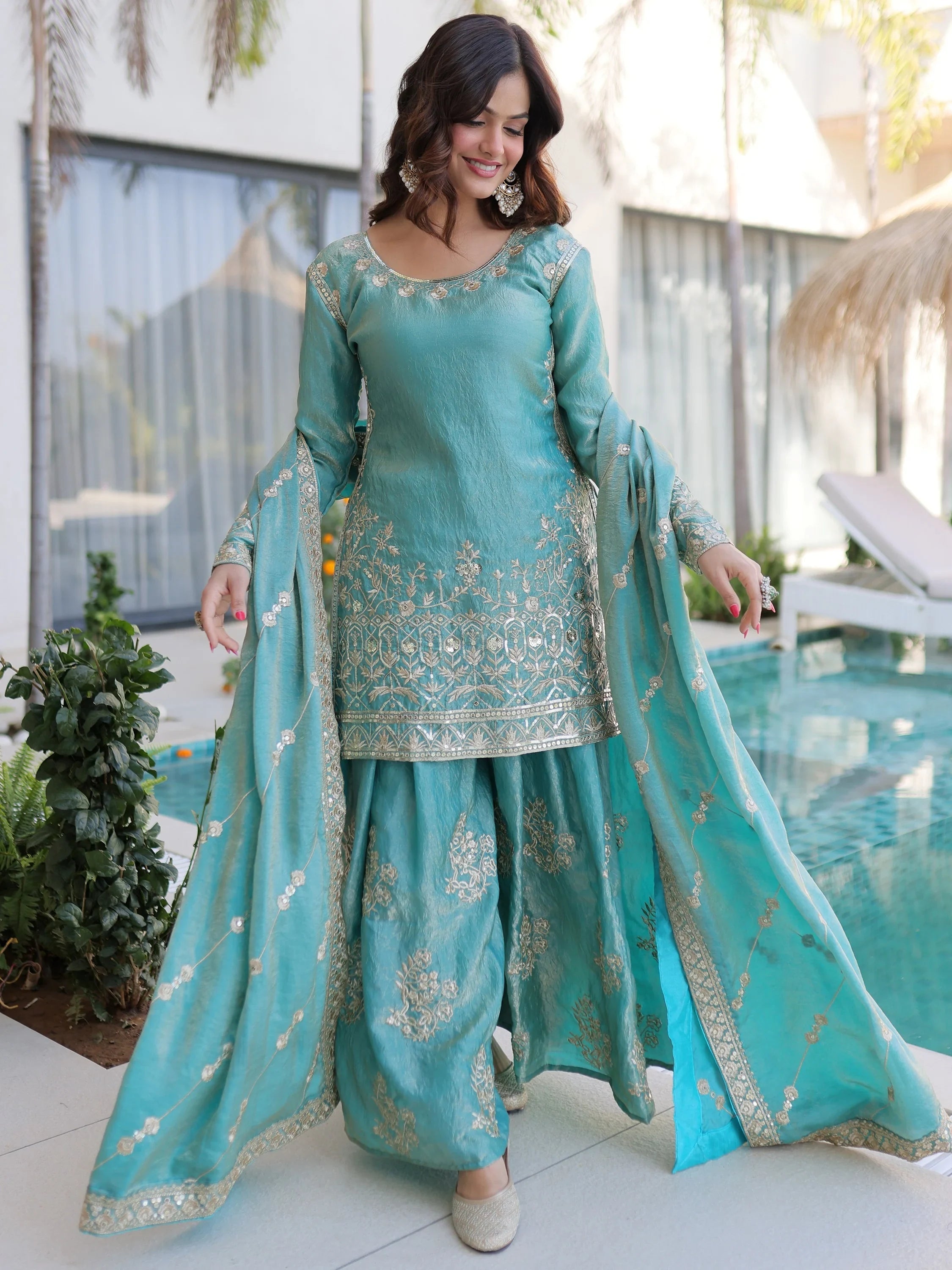 Sky Blue Zari Embroidered Crushed Function Wear Sharara Suit