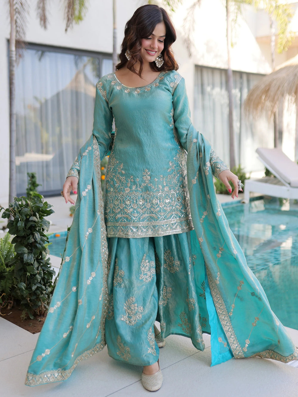Sky Blue Zari Embroidered Crushed Function Wear Sharara Suit