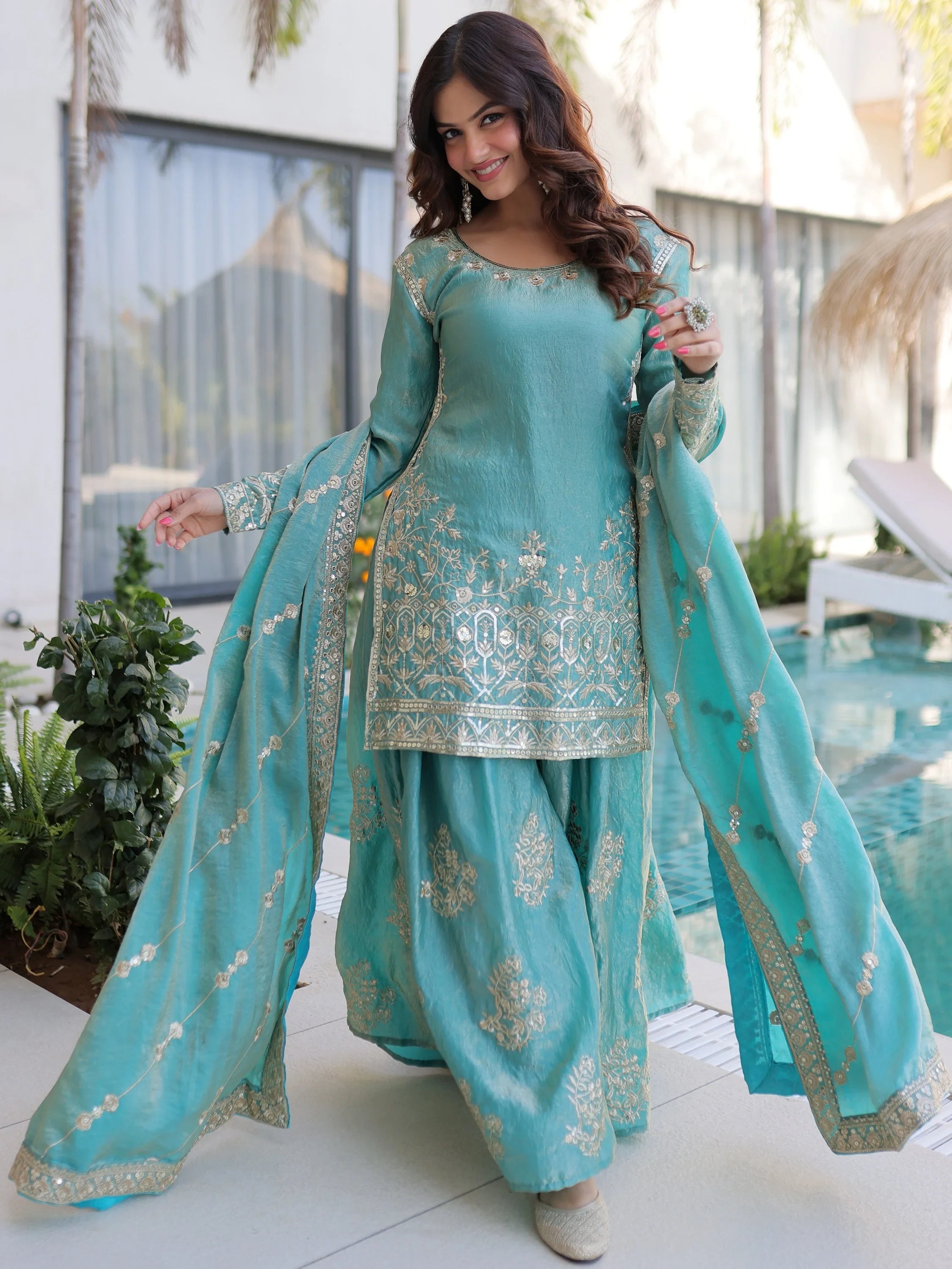 Sky Blue Zari Embroidered Crushed Function Wear Sharara Suit