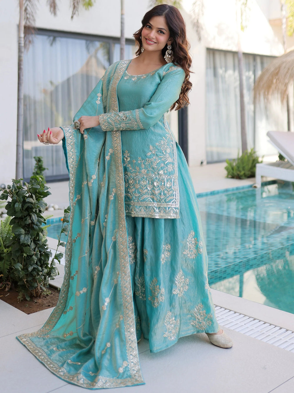 Sky Blue Zari Embroidered Crushed Function Wear Sharara Suit