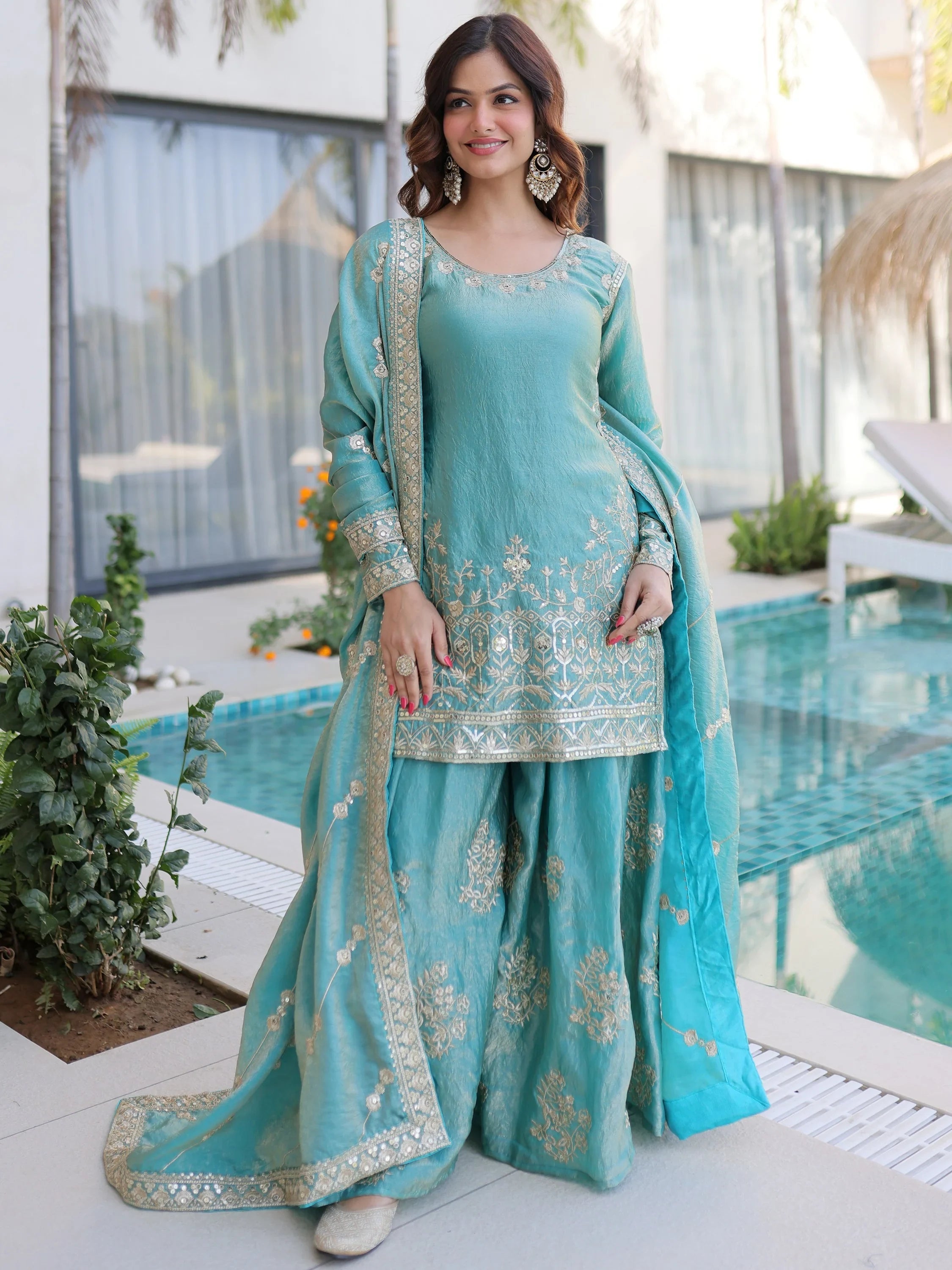 Sky Blue Zari Embroidered Crushed Function Wear Sharara Suit