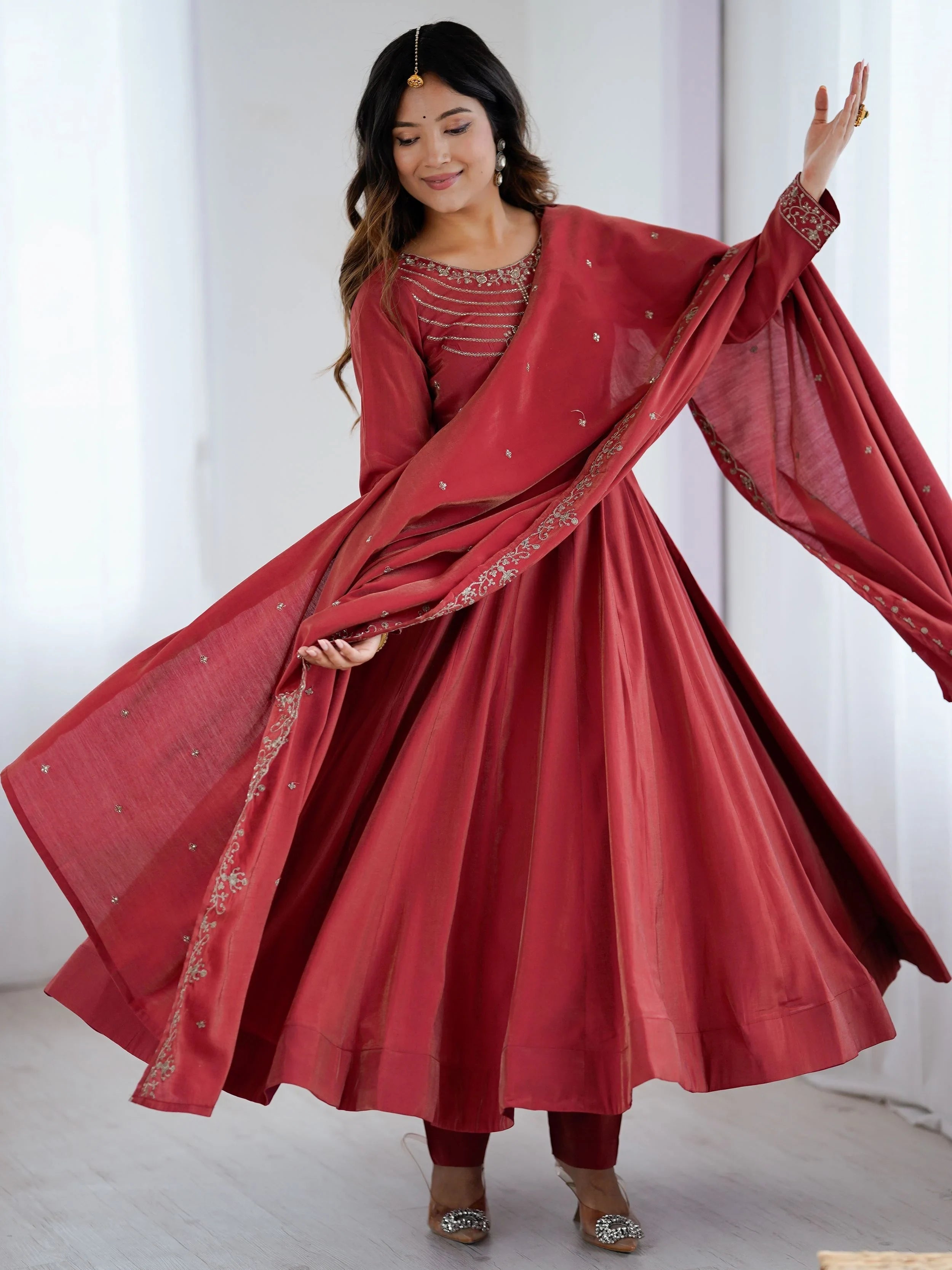 Maroon Chanderi Silk Embroidered Party Wear Anarkali Suit for Women
