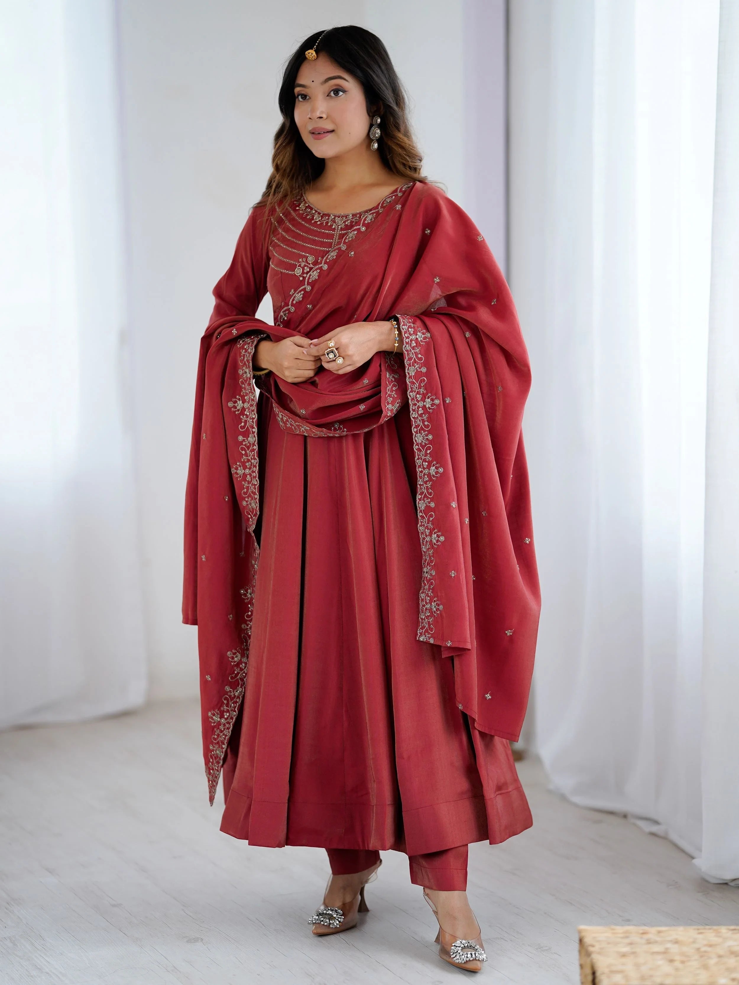 Maroon Chanderi Silk Embroidered Party Wear Anarkali Suit for Women