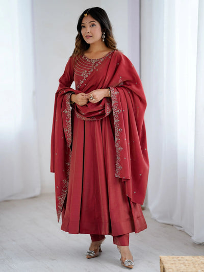 Maroon Chanderi Silk Embroidered Party Wear Anarkali Suit for Women
