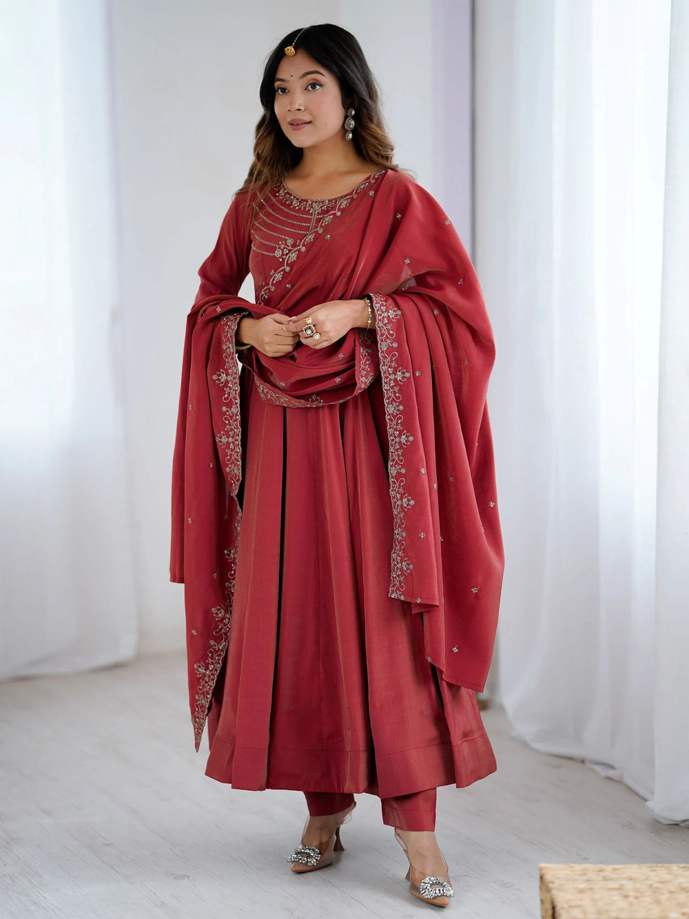 Maroon Chanderi Silk Embroidered Party Wear Anarkali Suit for Women