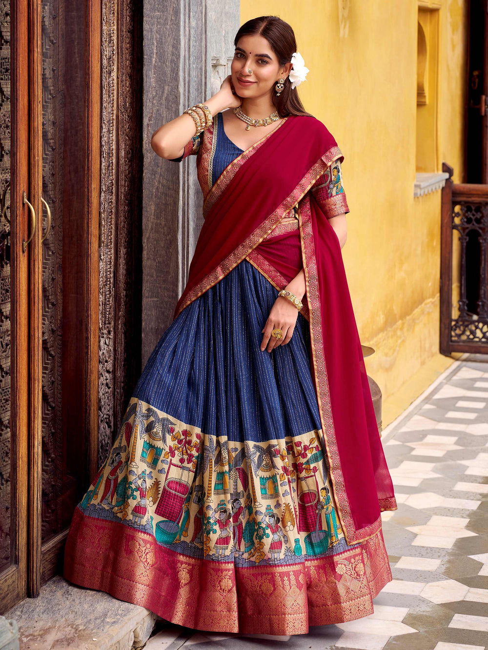 Navy Blue Zari Weaving Onam Half Saree Lehenga