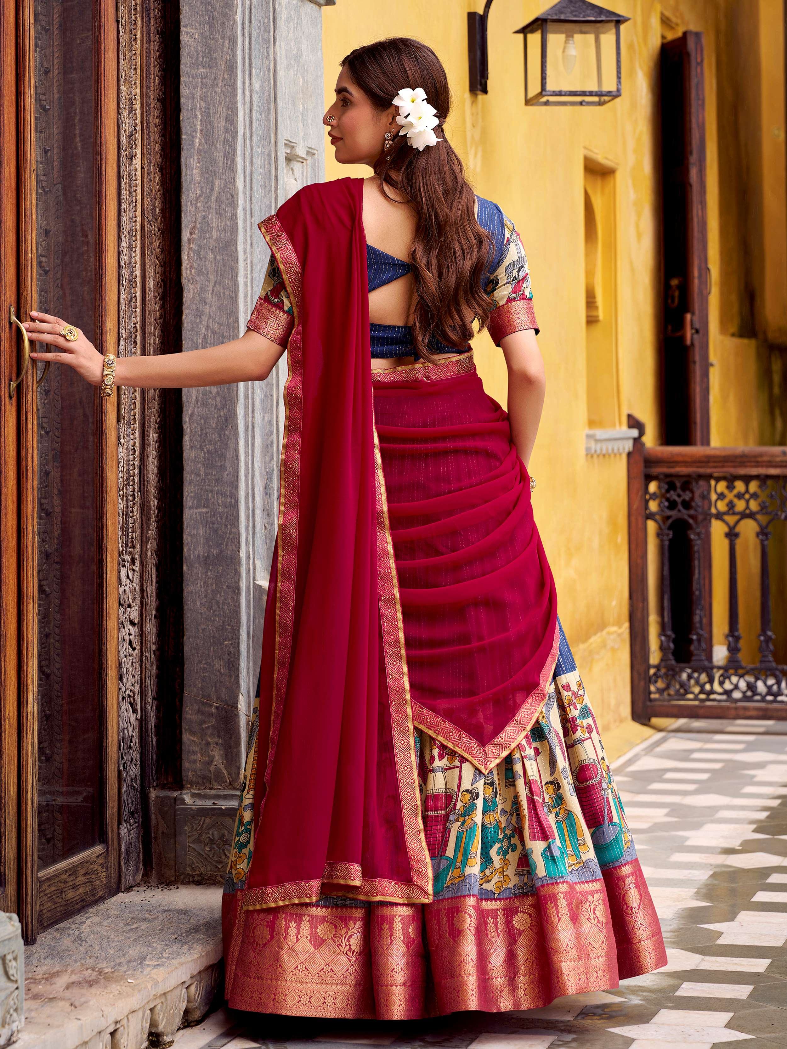 Navy Blue Zari Weaving Onam Half Saree Lehenga