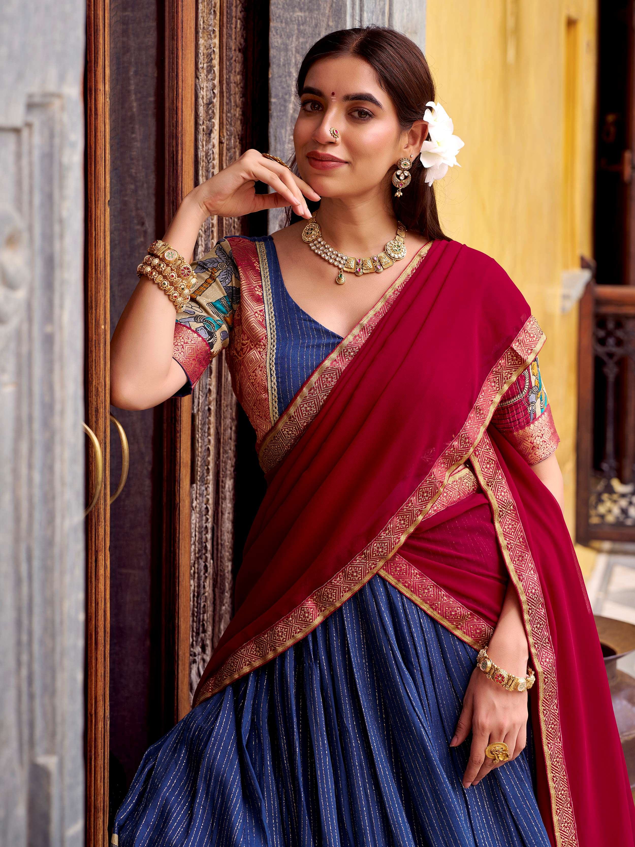 Navy Blue Zari Weaving Onam Half Saree Lehenga