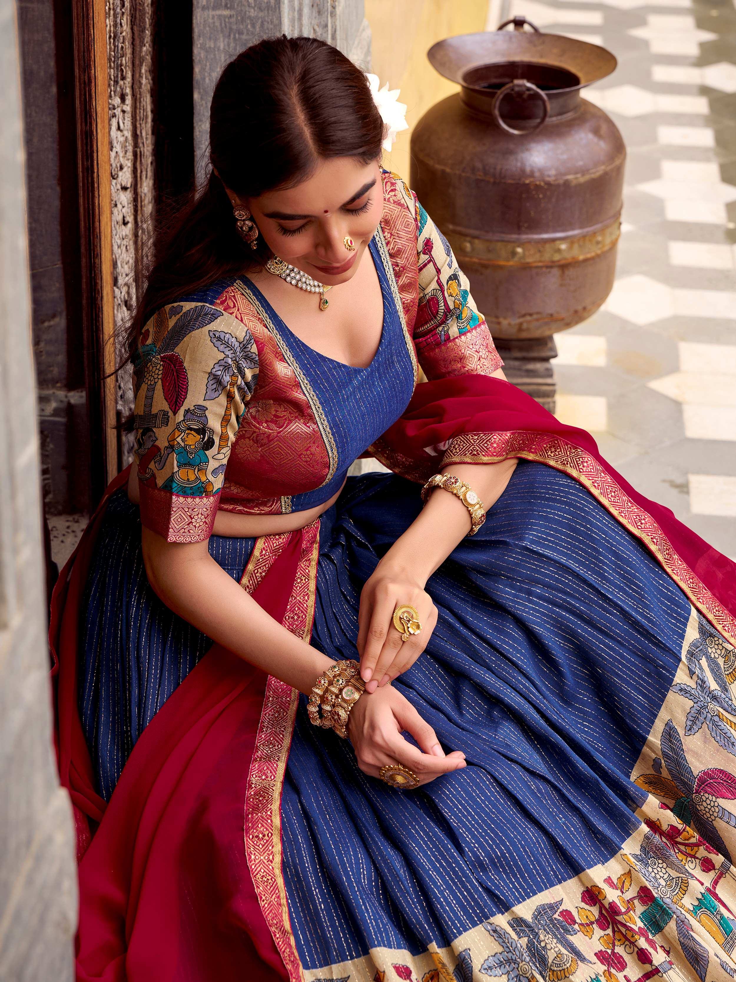 Navy Blue Zari Weaving Onam Half Saree Lehenga