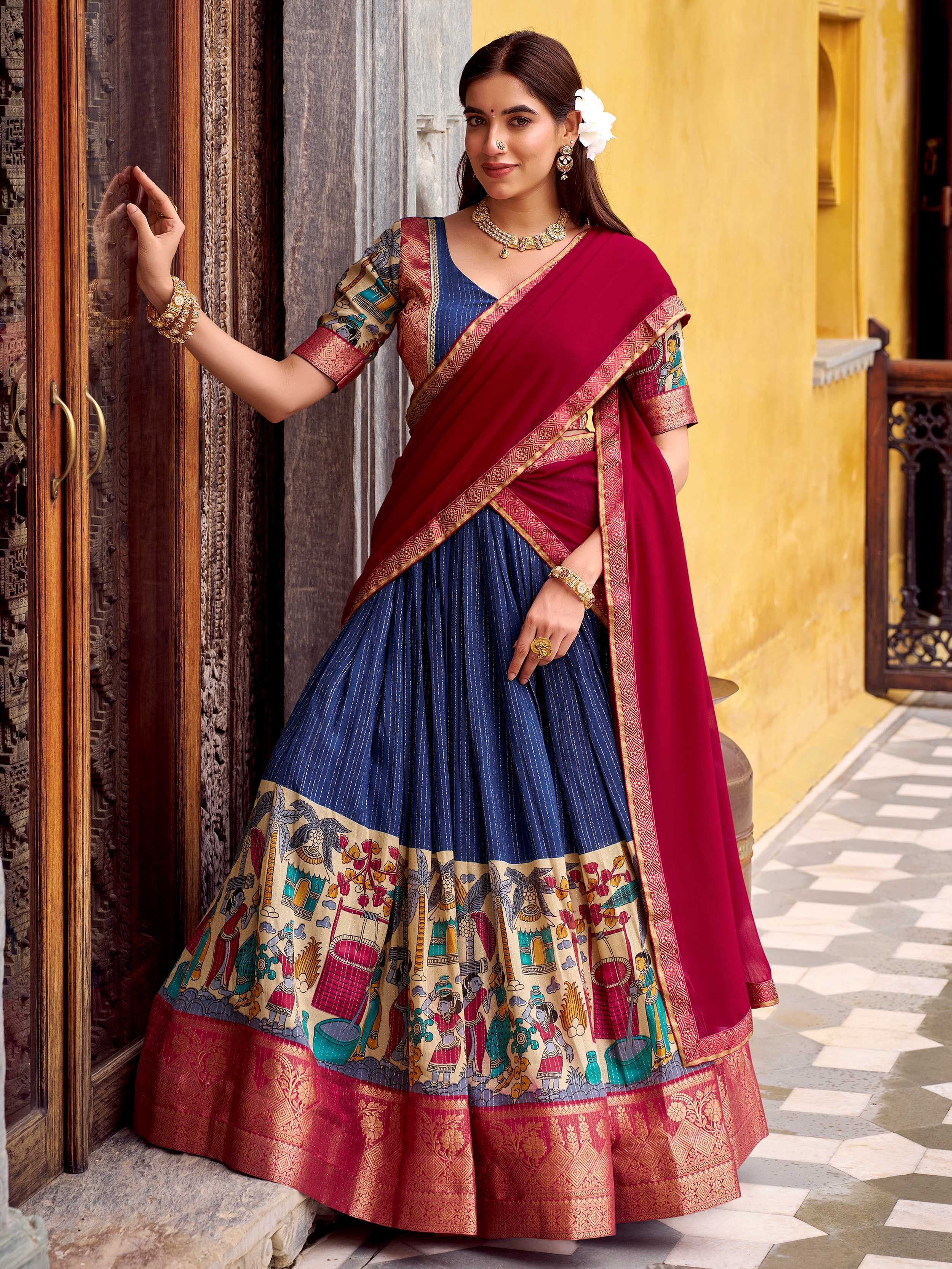 Navy Blue Zari Weaving Onam Half Saree Lehenga