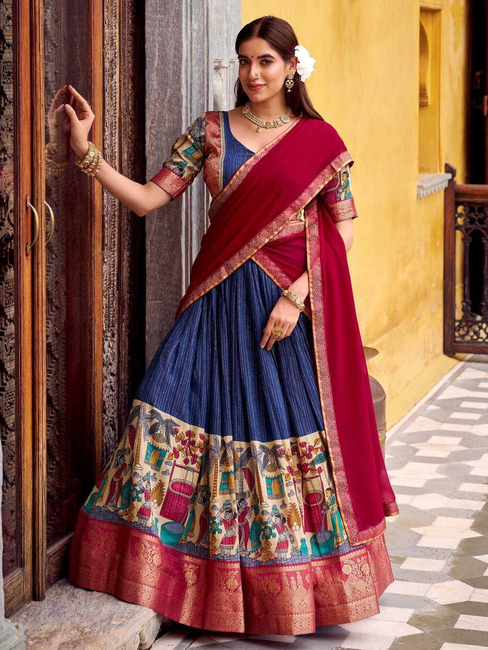 Navy Blue Zari Weaving Onam Half Saree Lehenga