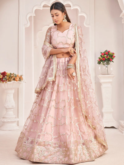 Prominent Pastel Pink Sequins Embroidery Net Lehenga Choli for Women
