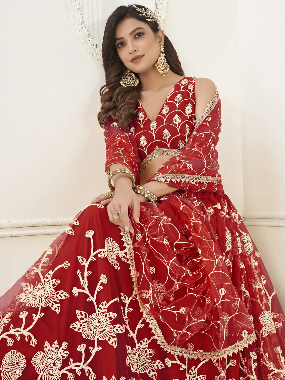Red Appealing Embroidered Net Haldi Wear Lehenga Choli for Women