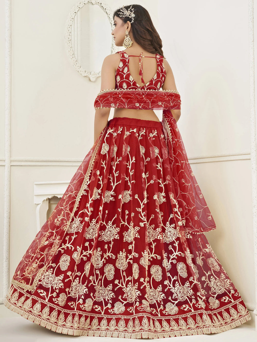 Red Appealing Embroidered Net Haldi Wear Lehenga Choli for Women