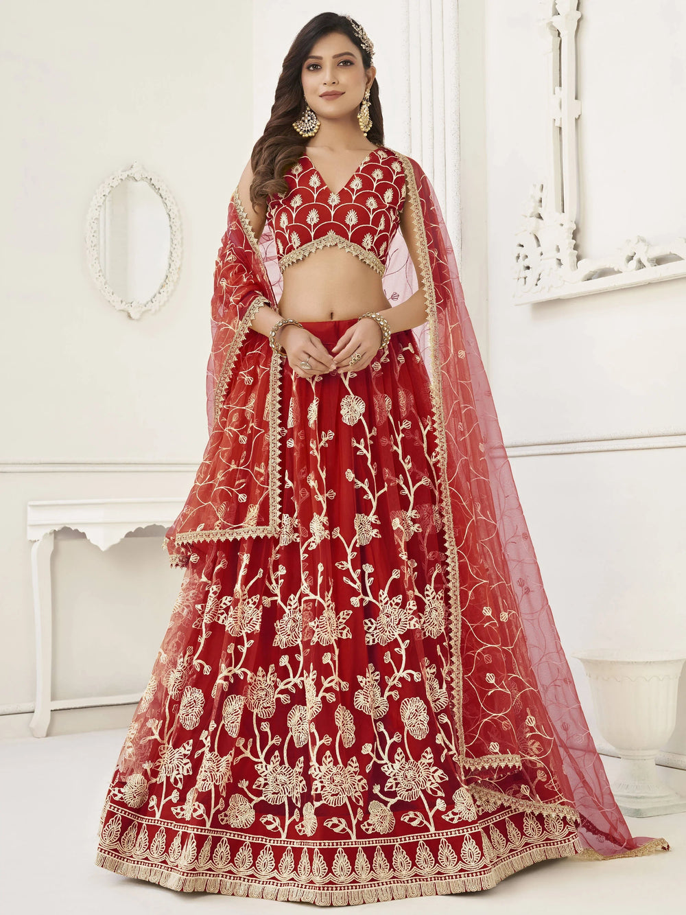 Red Appealing Embroidered Net Haldi Wear Lehenga Choli for Women