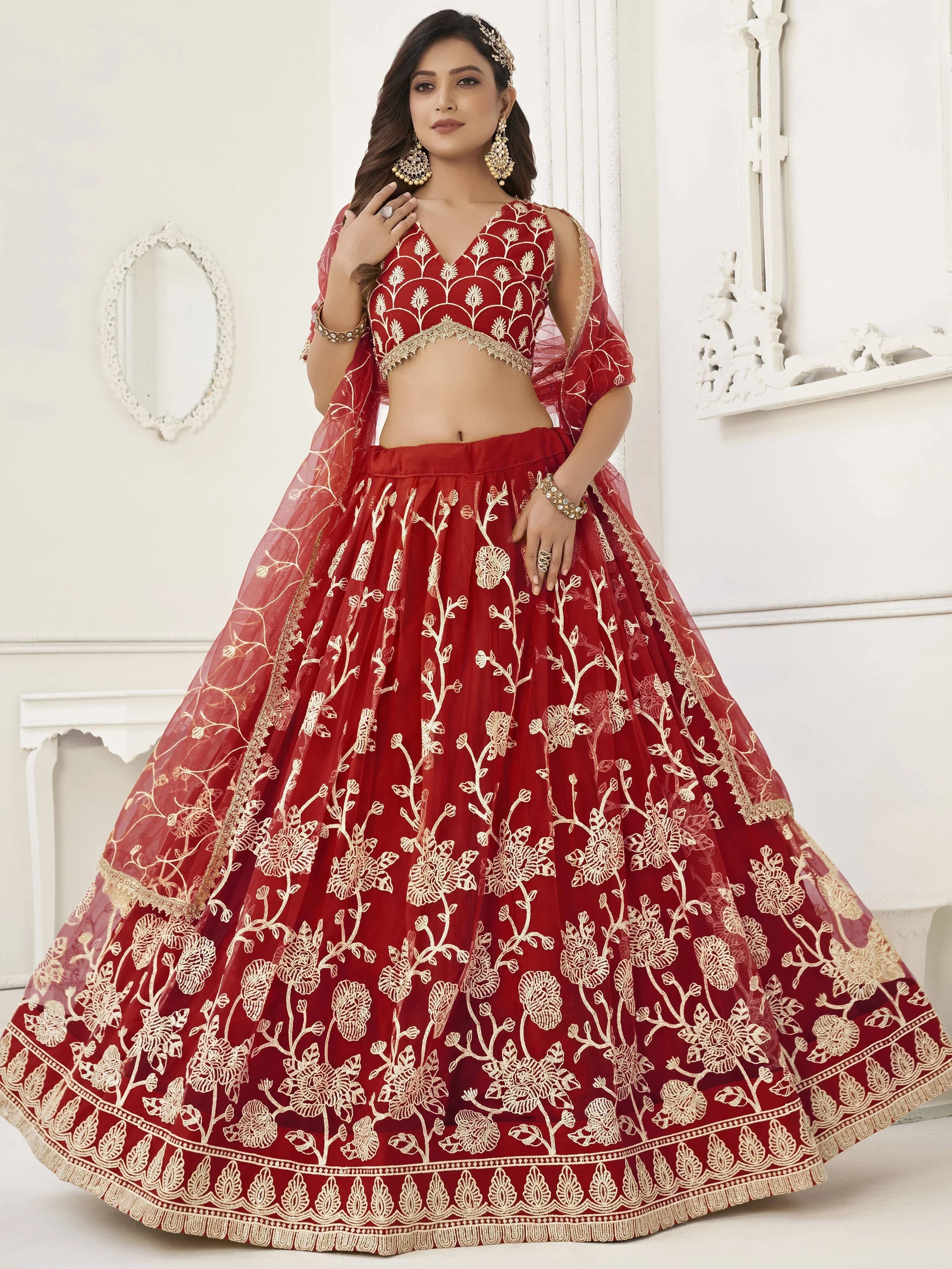 Red Appealing Embroidered Net Haldi Wear Lehenga Choli for Women