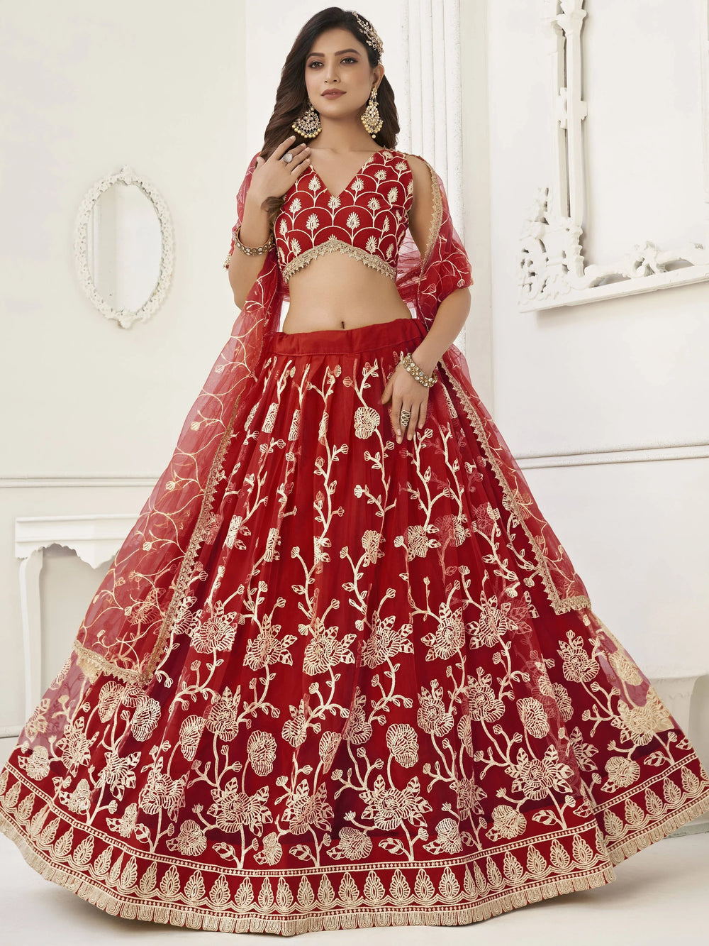 Red Appealing Embroidered Net Haldi Wear Lehenga Choli for Women