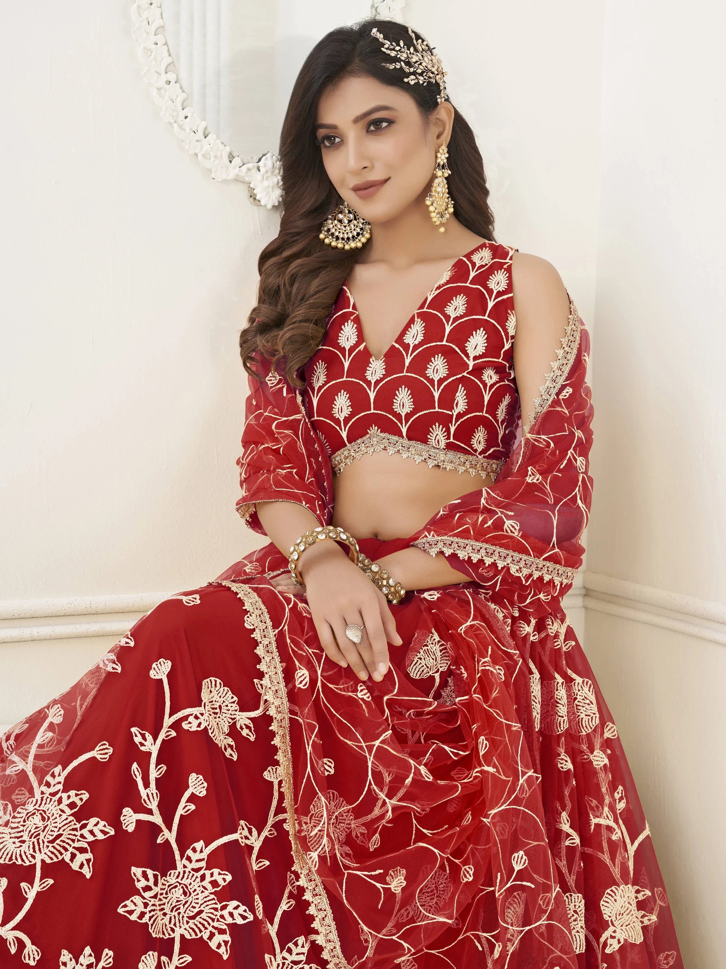 Red Appealing Embroidered Net Haldi Wear Lehenga Choli for Women
