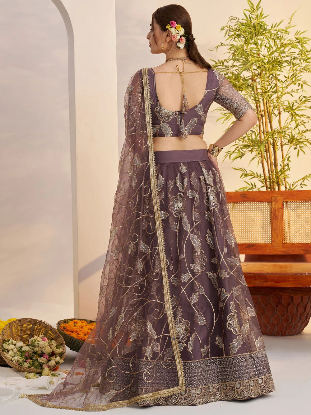 Dusty Purple Thread Work Net Engagement Wear Lehenga Choli for Women