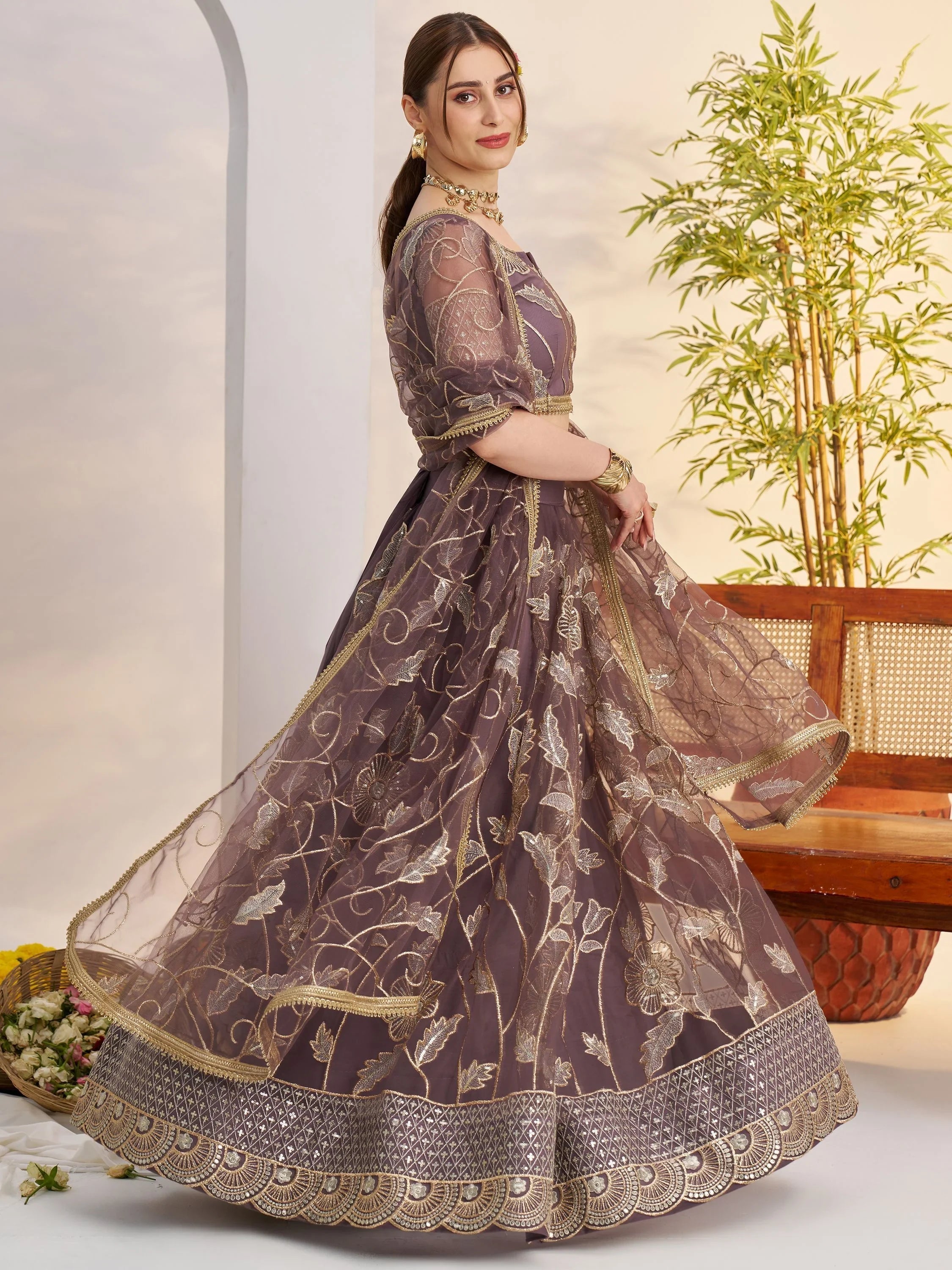 Dusty Purple Thread Work Net Engagement Wear Lehenga Choli for Women