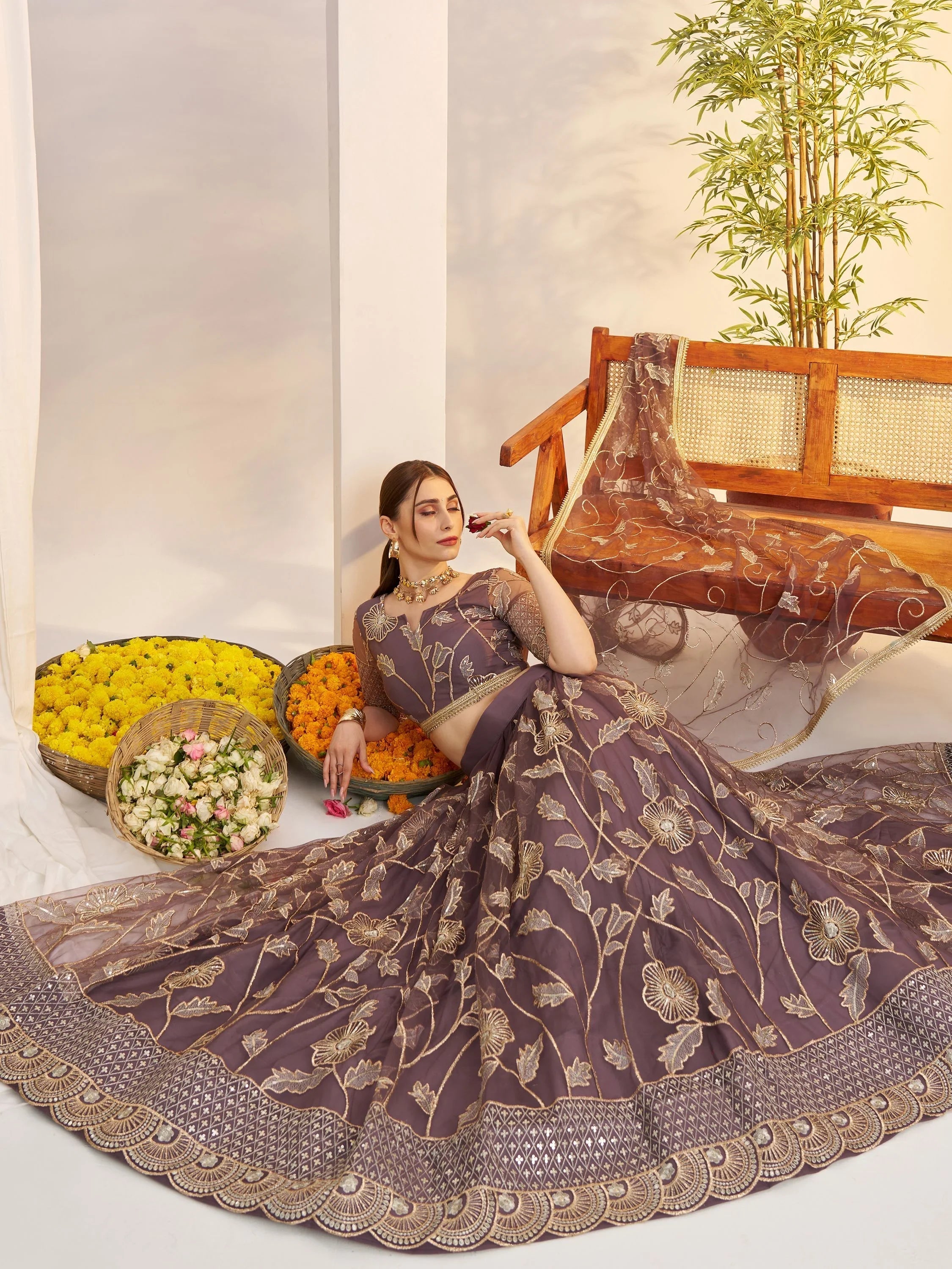 Dusty Purple Thread Work Net Engagement Wear Lehenga Choli for Women