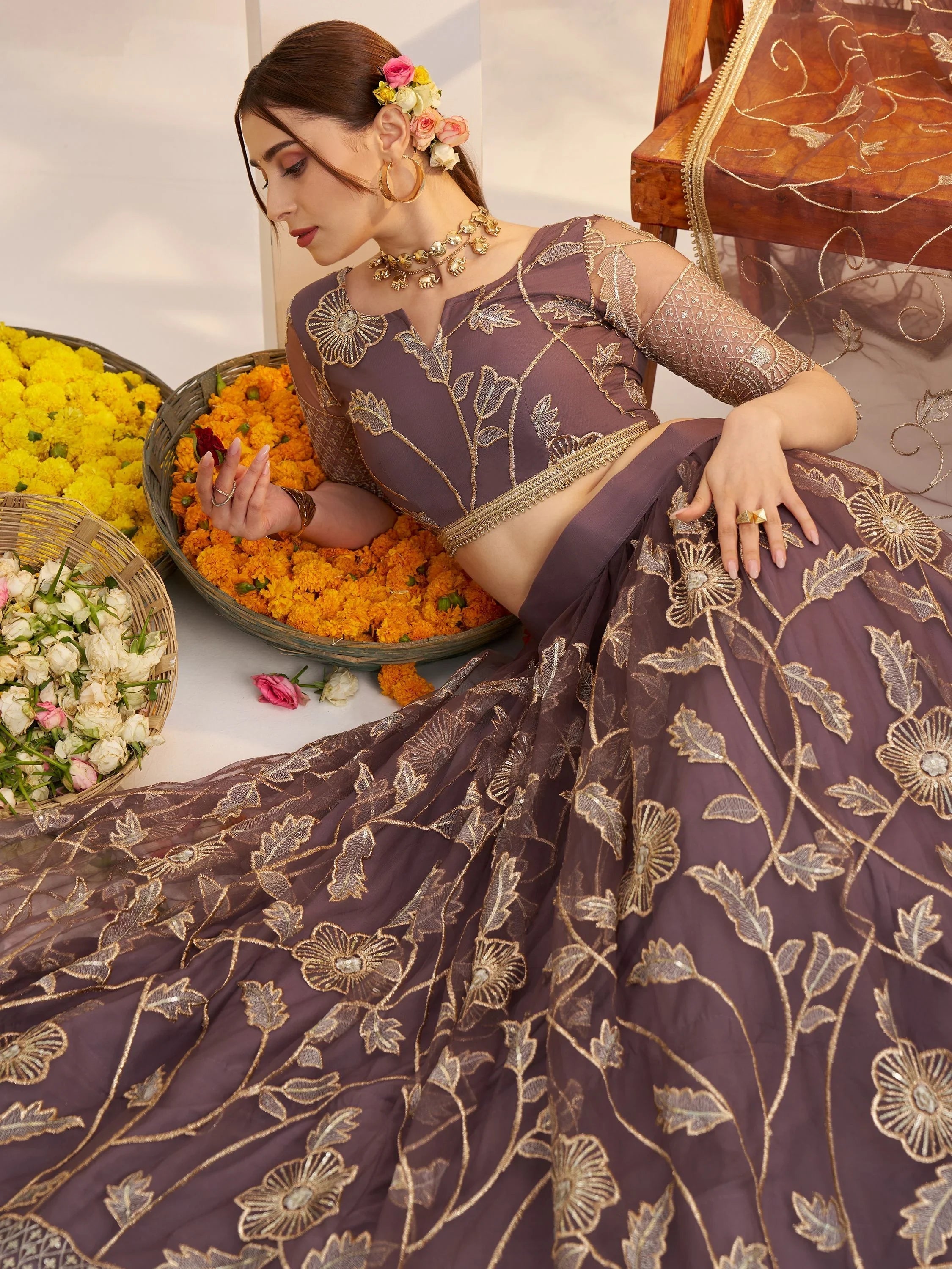 Dusty Purple Thread Work Net Engagement Wear Lehenga Choli for Women