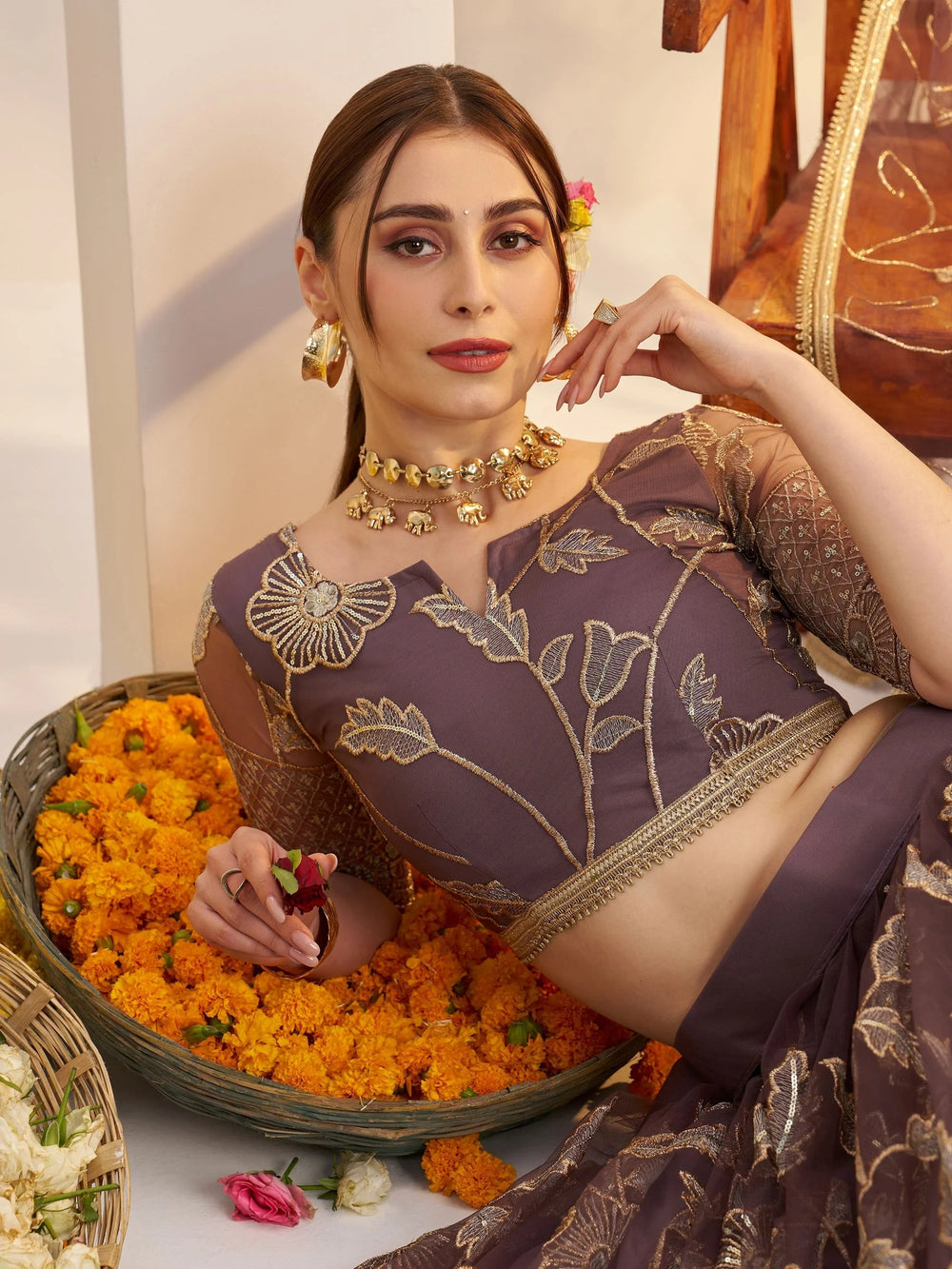Dusty Purple Thread Work Net Engagement Wear Lehenga Choli for Women